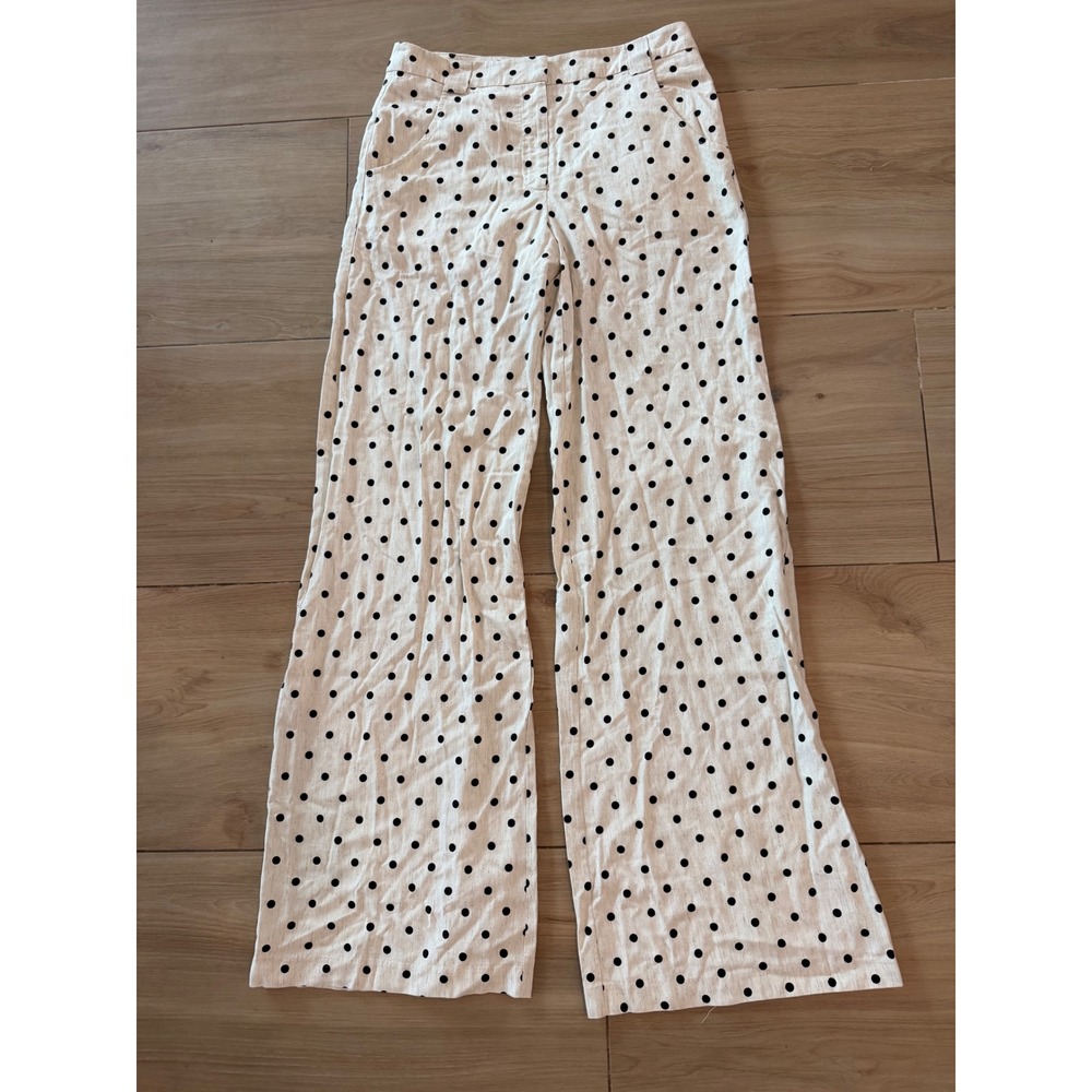 Amanda Uprichard Polka Dot Linen Blend Wide Leg Pants Cream Black Size S